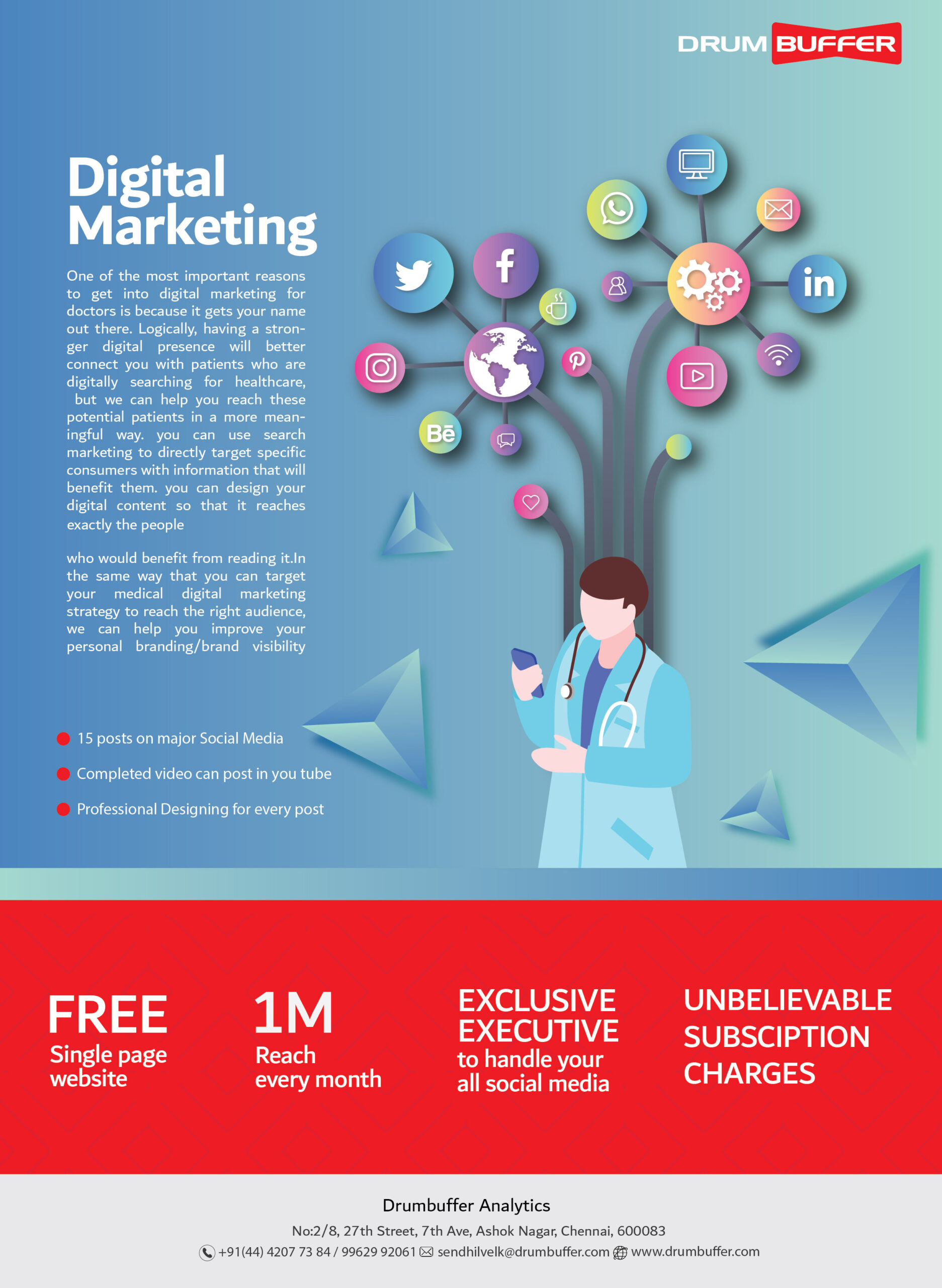 Print A digital marketing promotional poster with blue and red sections. It advertises services such as social media management and professional design, highlighting free single-page websites, 1M monthly reach, and low subscription charges. Contact and location details are provided.