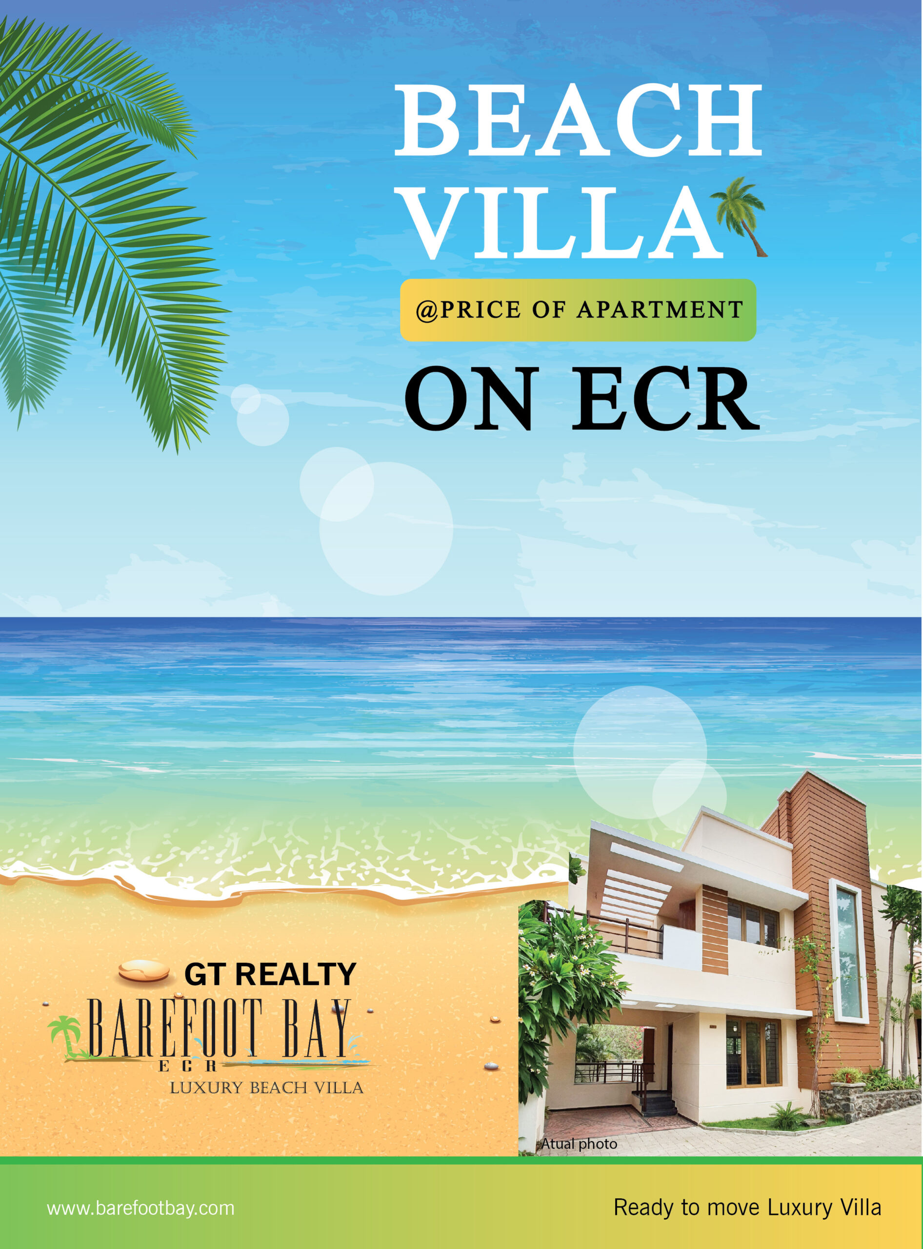Print Advertisement for Beach Villa at Barefoot Bay ECR by GT Realty. The ad features a tropical beach with palm fronds and a modern two-story luxury villa. Text reads "Beach Villa @ Price of Apartment on ECR." The website www.barefootbay.com is listed at the bottom.