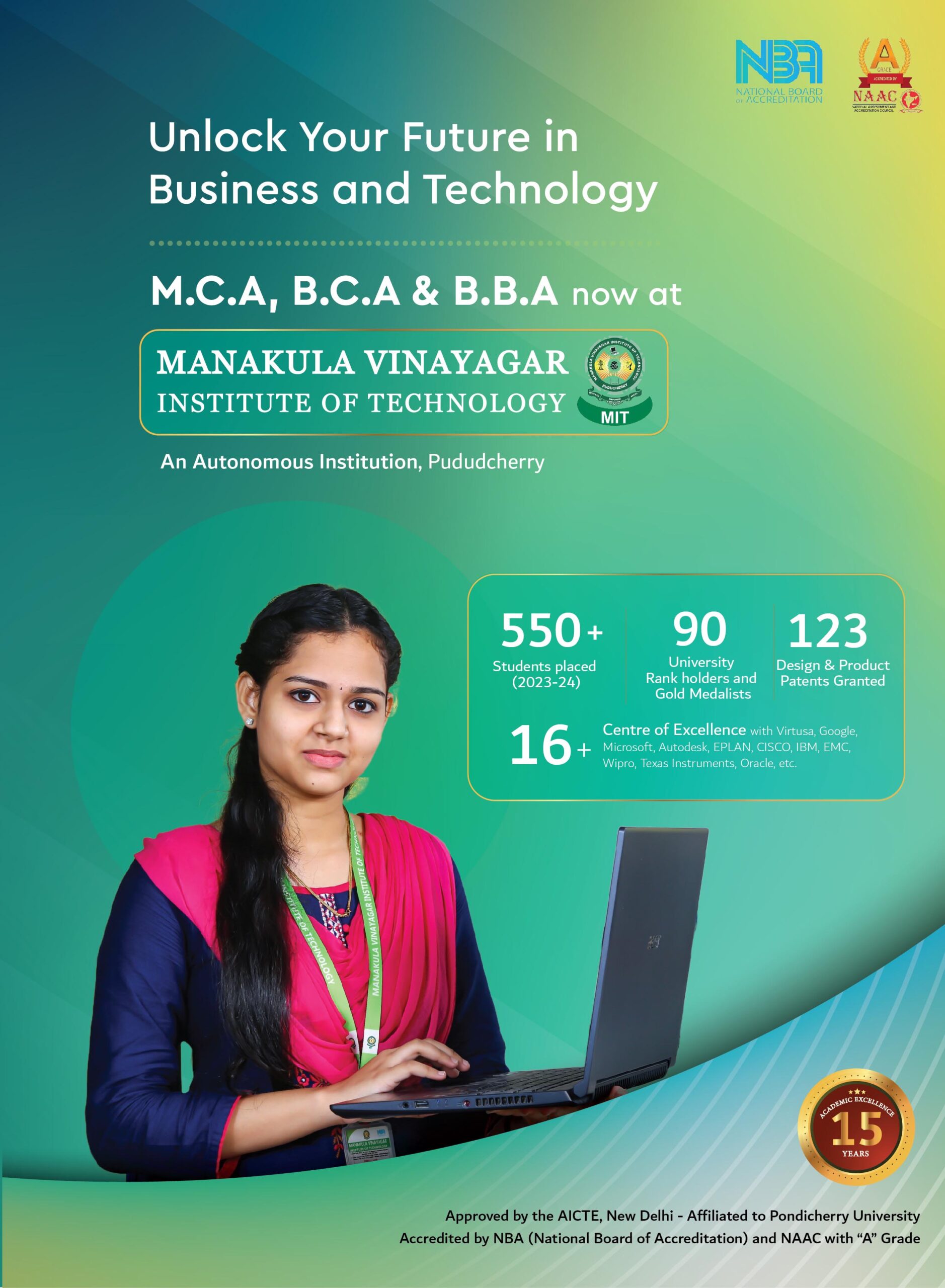 BBA & BCA FB A4 FLYER MIT 2024 Promotional poster for Manakula Vinayagar Institute of Technology featuring information on their M.C.A., B.C.A., and B.B.A. programs. Includes highlights such as 550+ student placements, 90 rank holders, and affiliations. A female student with a laptop is pictured.