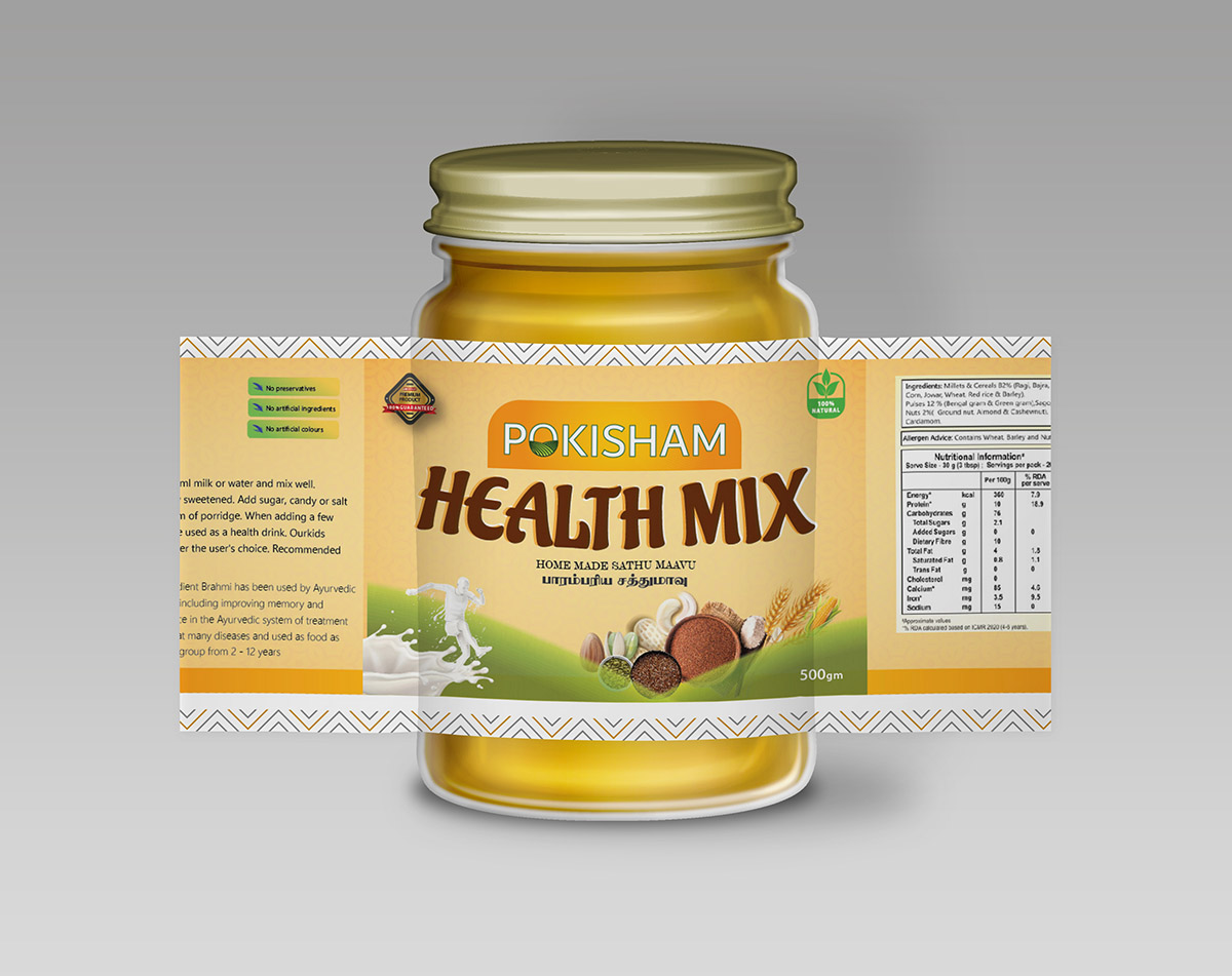 Pokisham Health Mix jar with detailed and informative packaging, combining earthy tones and clear labeling. The design highlights natural ingredients and health benefits, with a professional and minimalistic aesthetic.