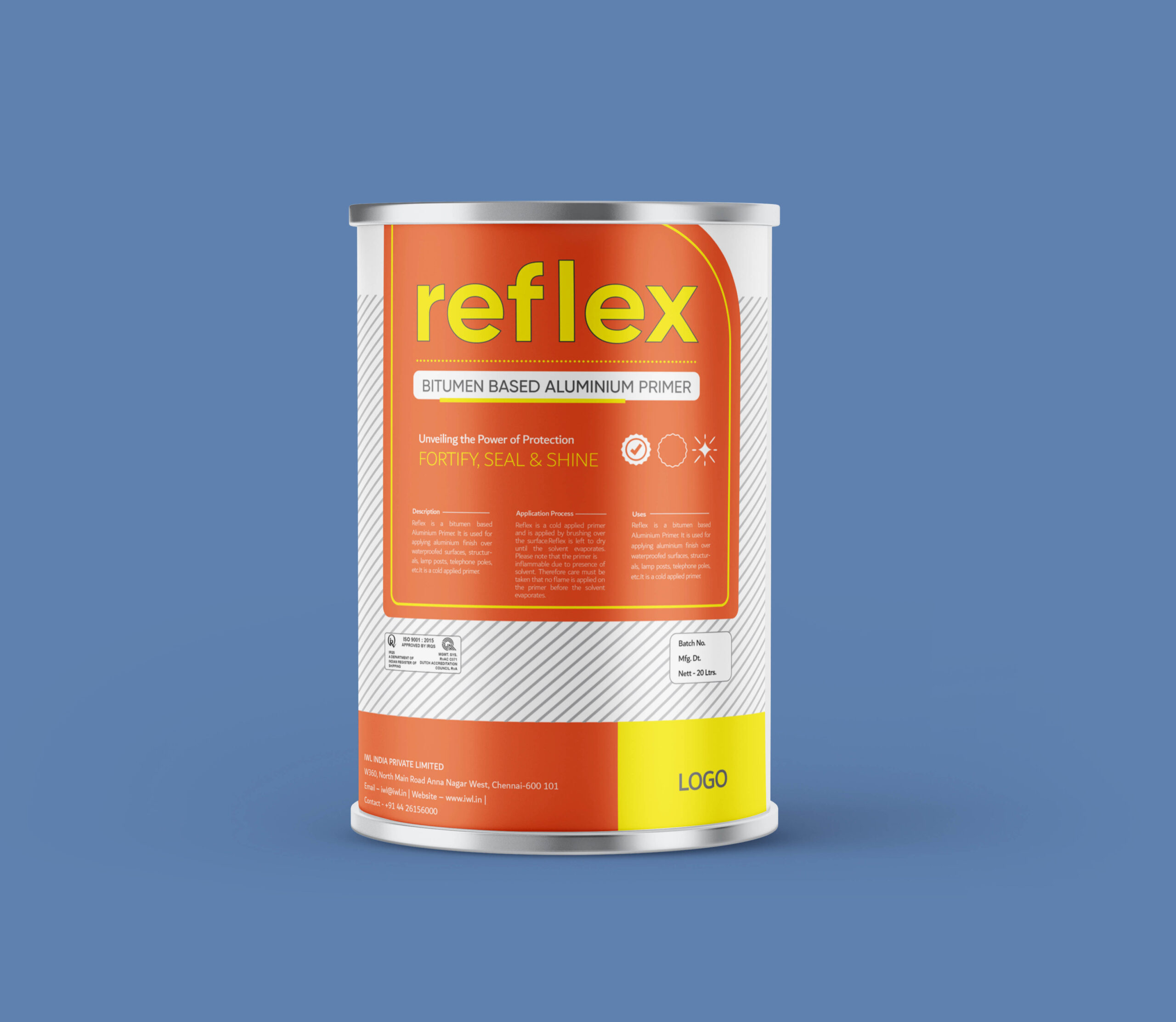 Metallic can of Reflex solution-based aluminum paint with modern orange and yellow branding, showcasing a clean, industrial packaging design against a blue background.