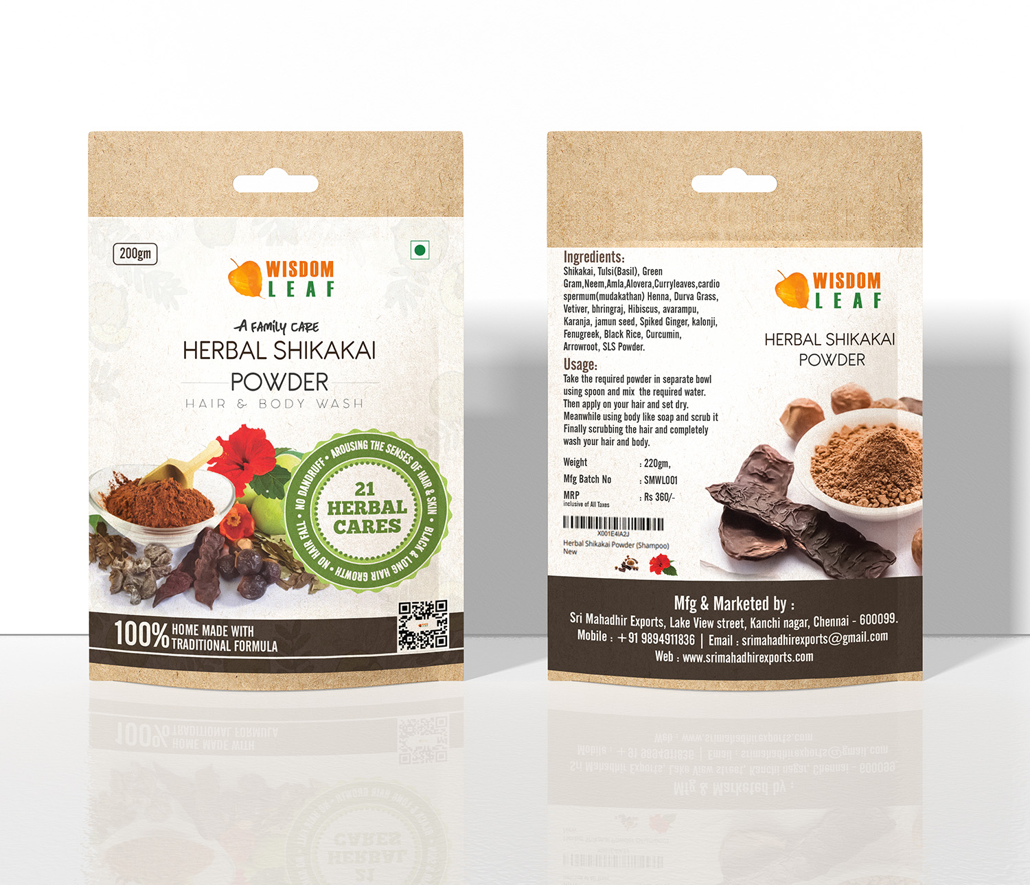 Packaging design for herbal shama powder featuring natural elements and vibrant colors, emphasizing its organic qualities.