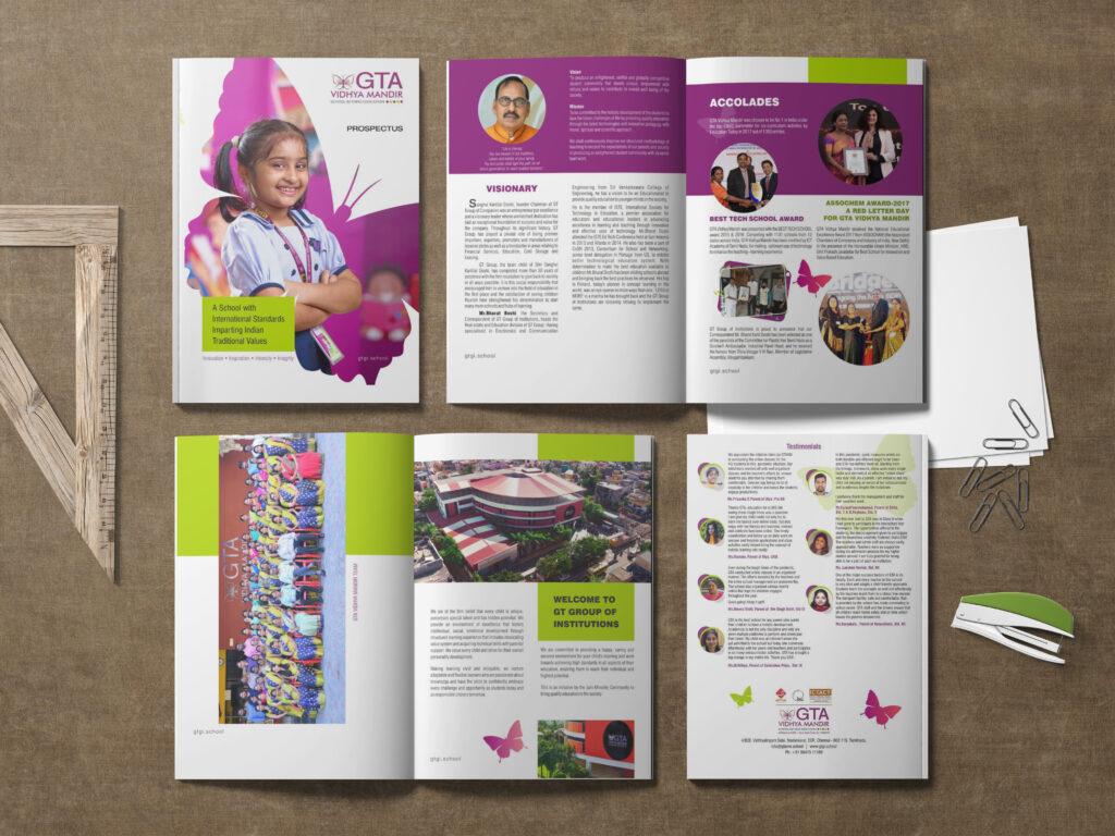 Magazine mockup showcasing the best printing service in Chennai, featuring a school prospectus with high-quality design and vibrant colors. The print includes multiple pages displaying awards, testimonials, and institutional details, all laid out in a professional and visually appealing manner.