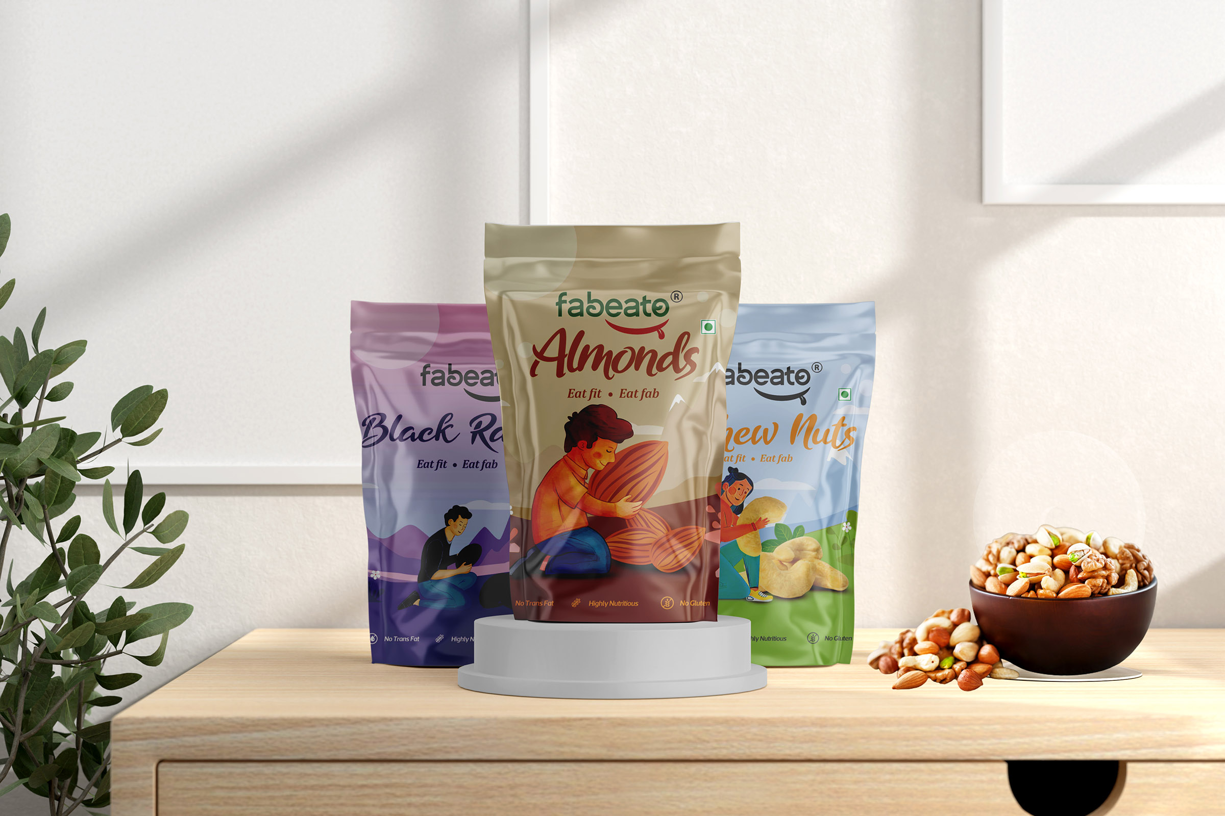 Packaging design for Fabeeo Almonds and dry fruits, showcasing three different packets: Almonds, Black Raisins, and Cashew Nuts. The packages are displayed on a light wooden surface, with a bowl of mixed nuts beside them and a soft natural light casting shadows in the background, creating an inviting and healthy ambiance