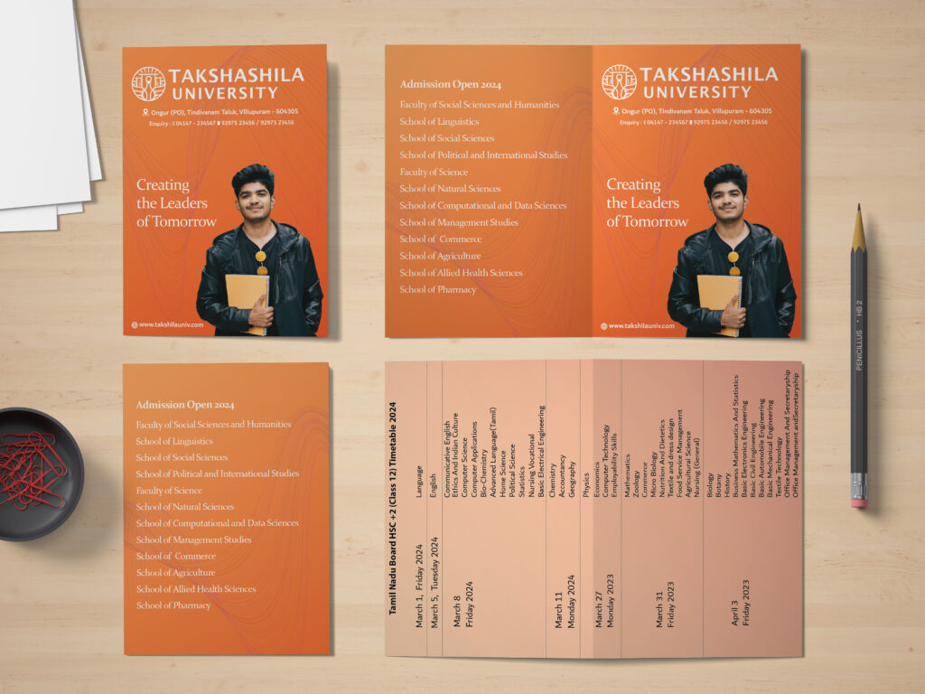 Pocket calendar and admission brochure mockup for Takshashila University, demonstrating the best printing service in Chennai. The design features crisp text and vibrant orange branding, with information on open admissions and detailed course offerings, professionally printed on high-quality paper for promotional materials.