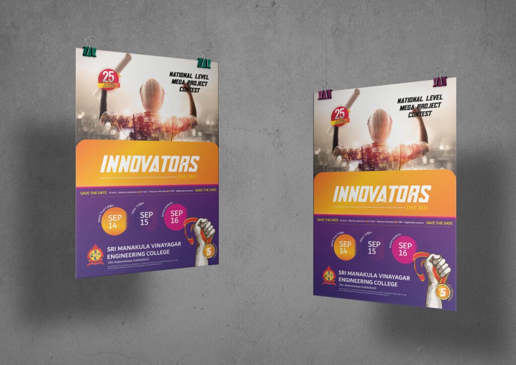 Dynamic poster mockup for 'Innovators Day 2023' showcasing a high-quality print from the best printing service in Chennai. The vibrant design includes bold orange, purple, and pink colors with clear typography and event details for a national-level mega-project contest. The posters, hanging on a concrete wall, demonstrate excellent print clarity and professional finishing, ideal for promoting large-scale events or competitions.
