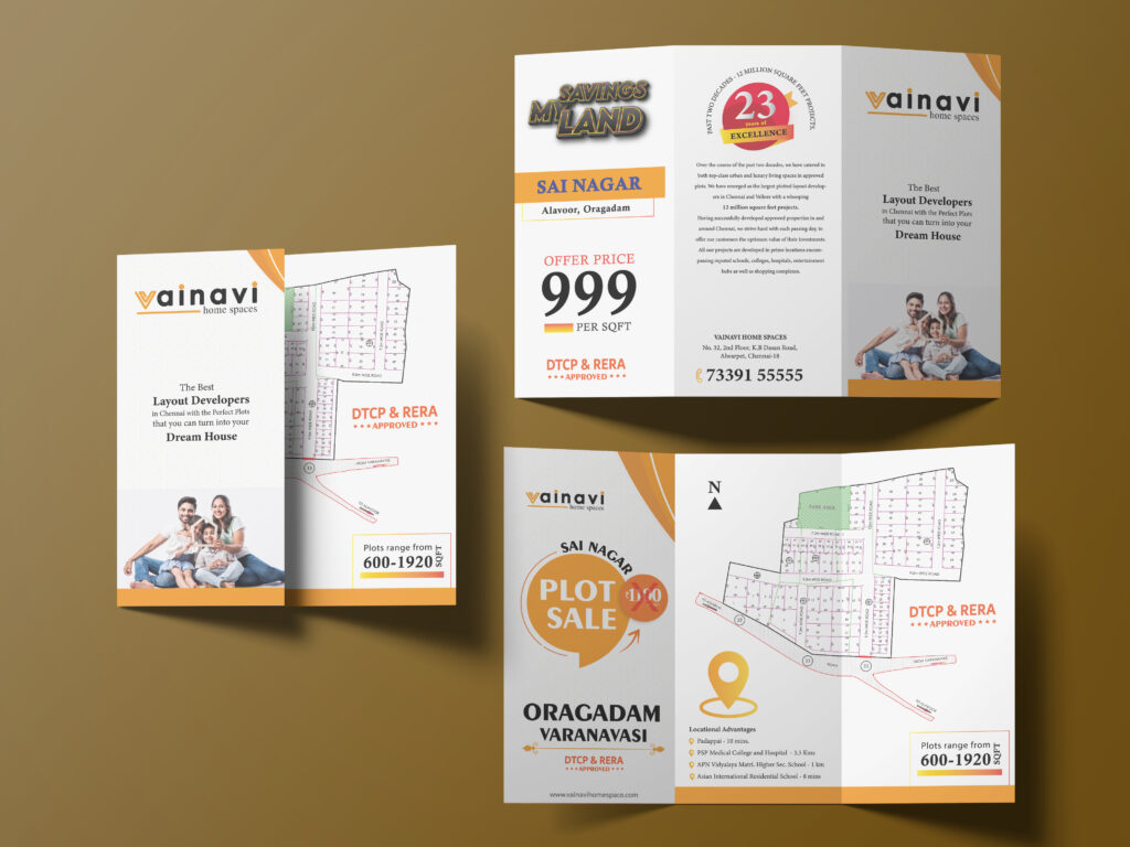 Best printing service in Chennai presenting a tri-fold pamphlet mockup for Vainavi Home Spaces. The pamphlet advertises plot sales at Sai Nagar, Oragadam, with a professional design highlighting DTCP & RERA approvals, pricing details, and a layout map. The printing showcases vibrant colors and clear graphics on premium-quality paper.